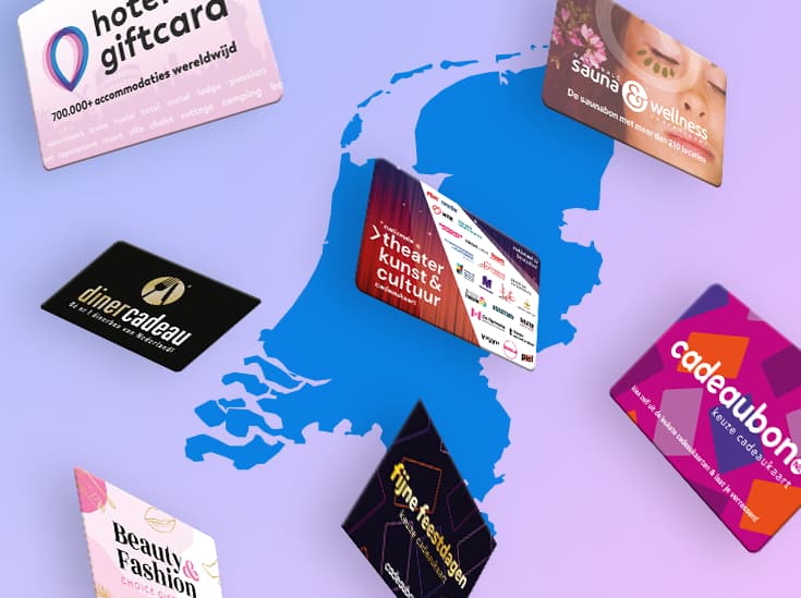 Cadeaukaarten rond een kaart van Nederland, waaronder Hotel Giftcard, Diner Cadeau, Sauna & Wellness, Theater Kunst & Cultuur en de Keuze Cadeaukaart