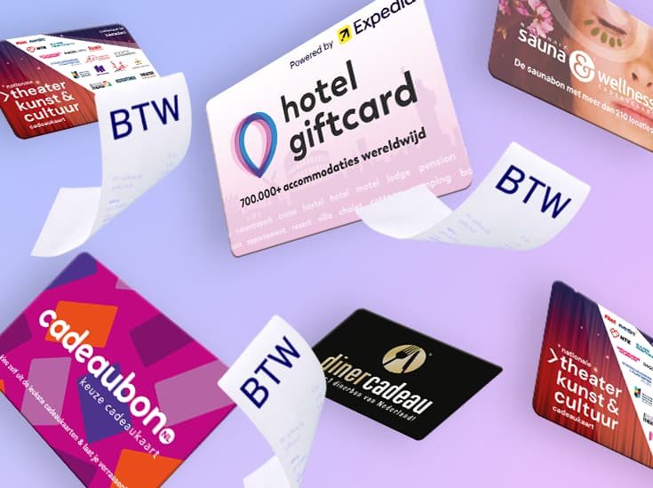 Cadeaukaarten met daartussen wegwaaiende bonnetjes waarop BTW staat