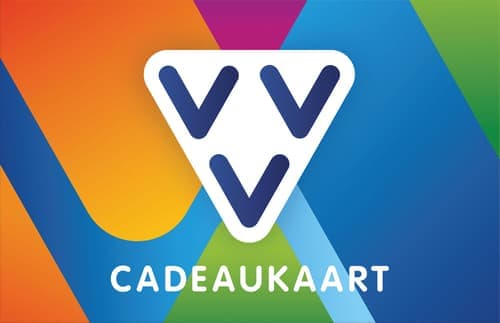 VVV Cadeaukaart met het blauwe VVV-logo op een gekleurde achtergrond