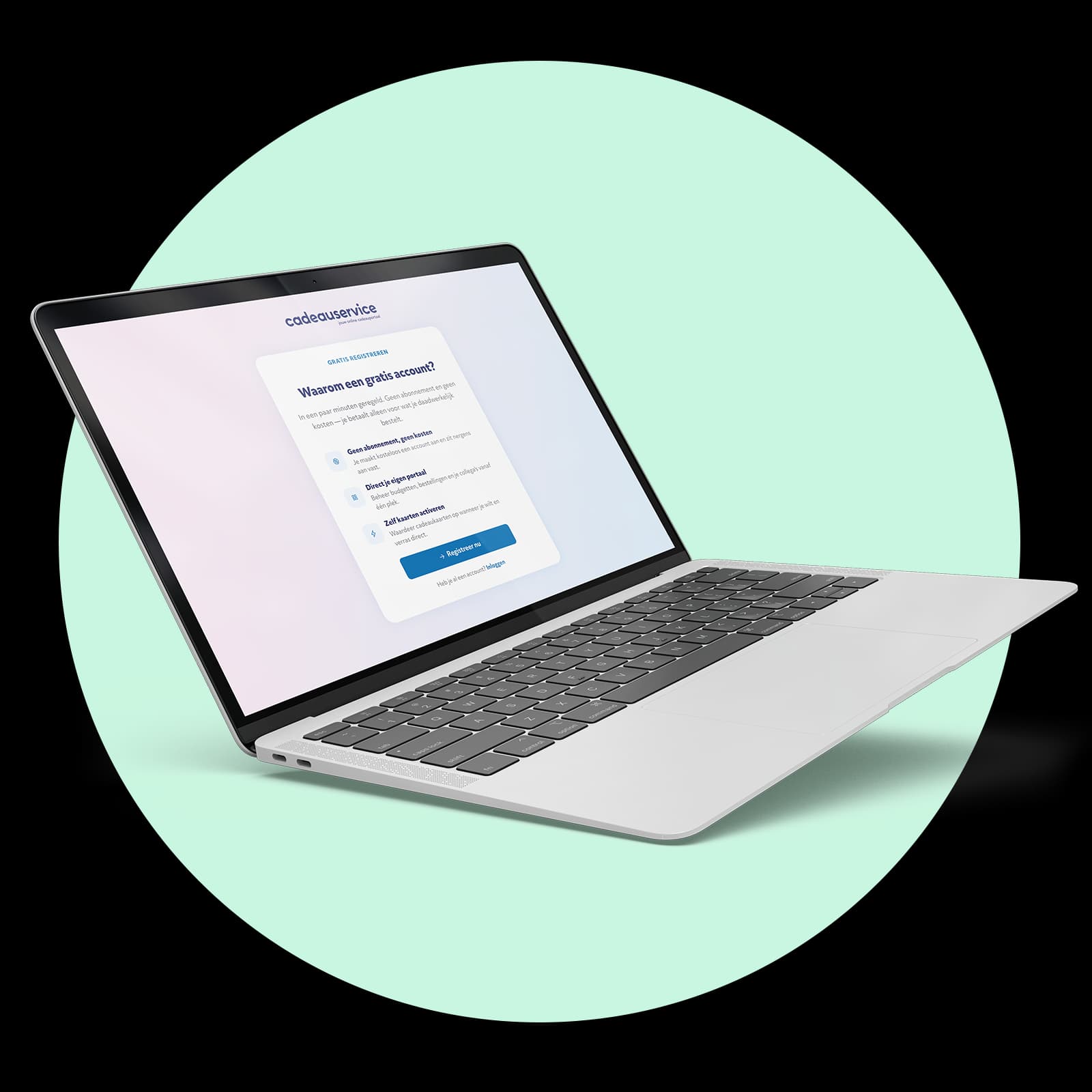 Het Cadeauservice-portaal op een laptop, met het registratiescherm in beeld