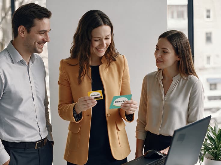 Medewerker ontvangt een kaartje met cadeaukaart van een collega