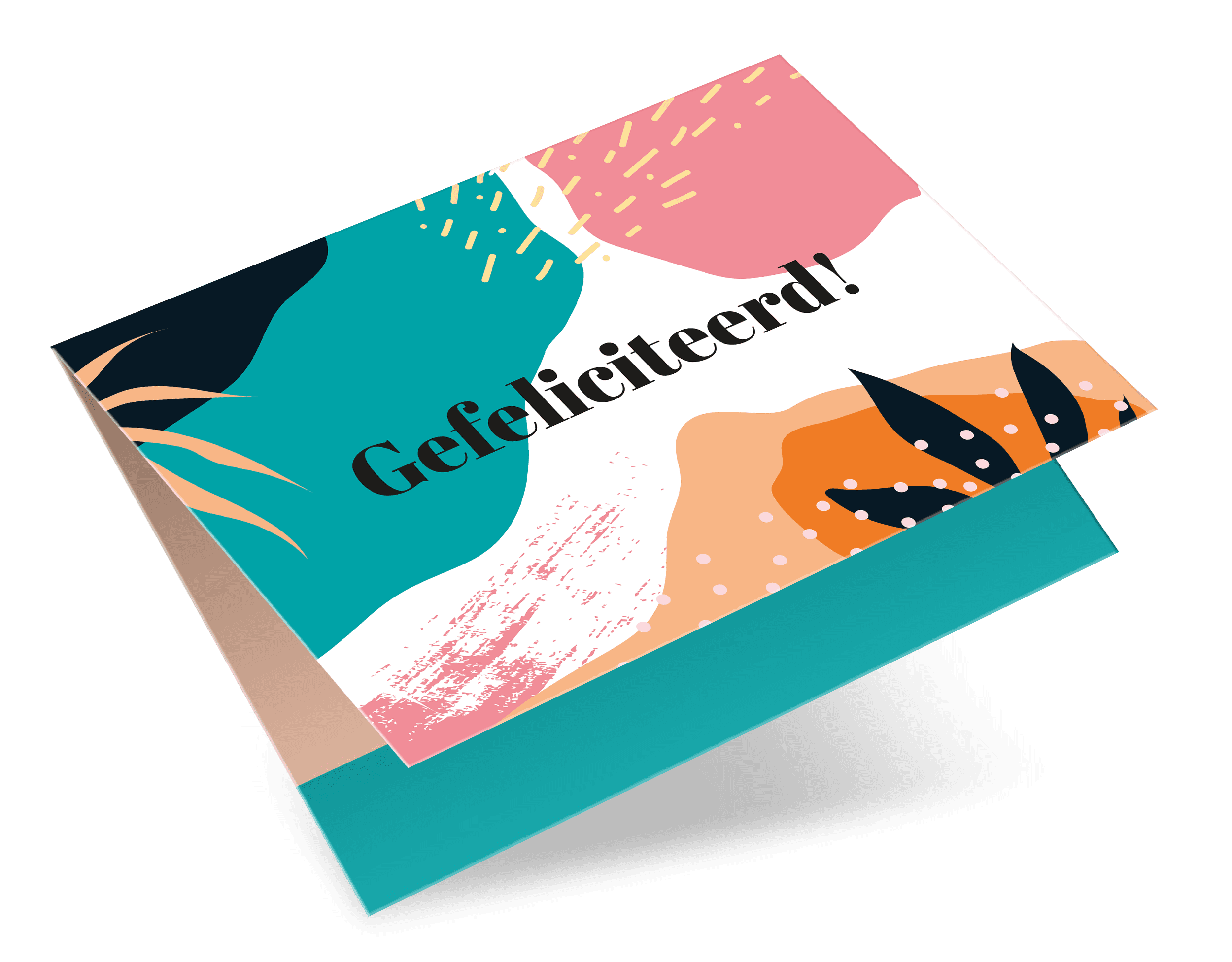 Cadeau-envelop met de tekst Gefeliciteerd! en kleurvlakken