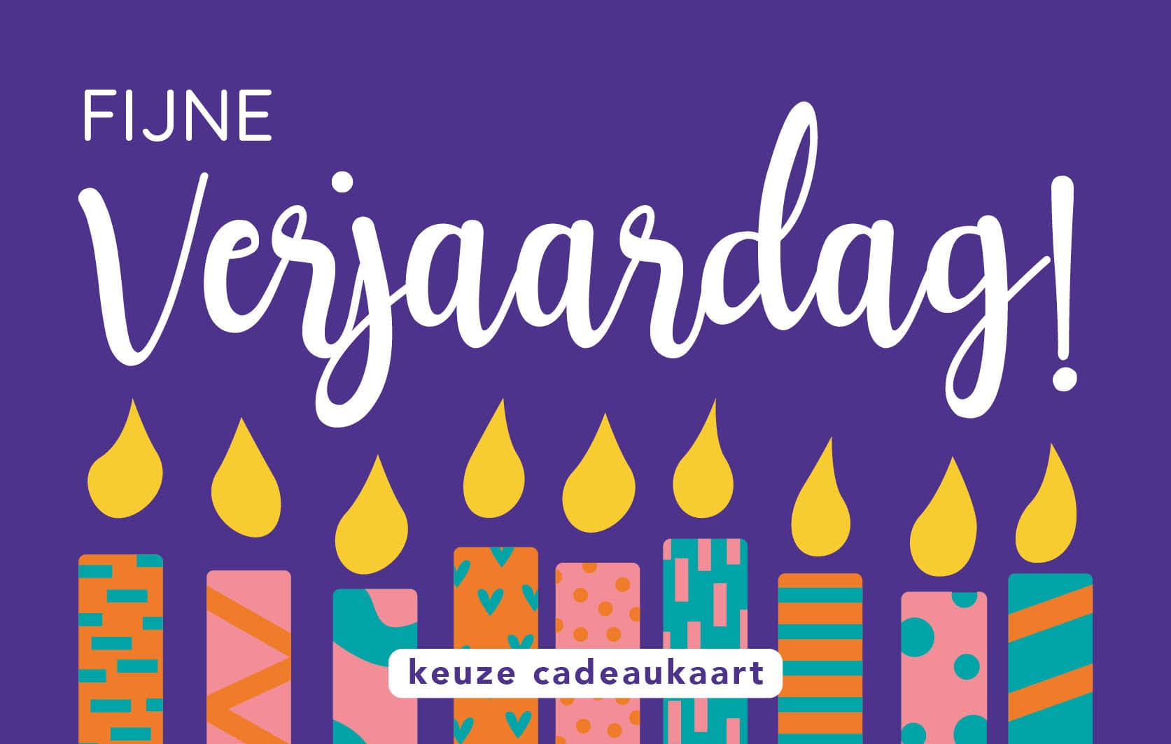 Keuze Cadeaukaart met verjaardagsontwerp: kaarsjes op een paarse achtergrond