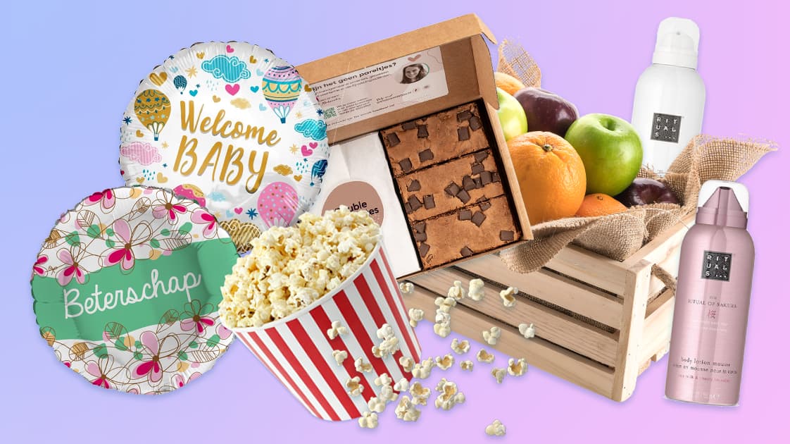 Cadeaus: ballonnen, popcorn, brownies, fruitkist en Rituals-producten