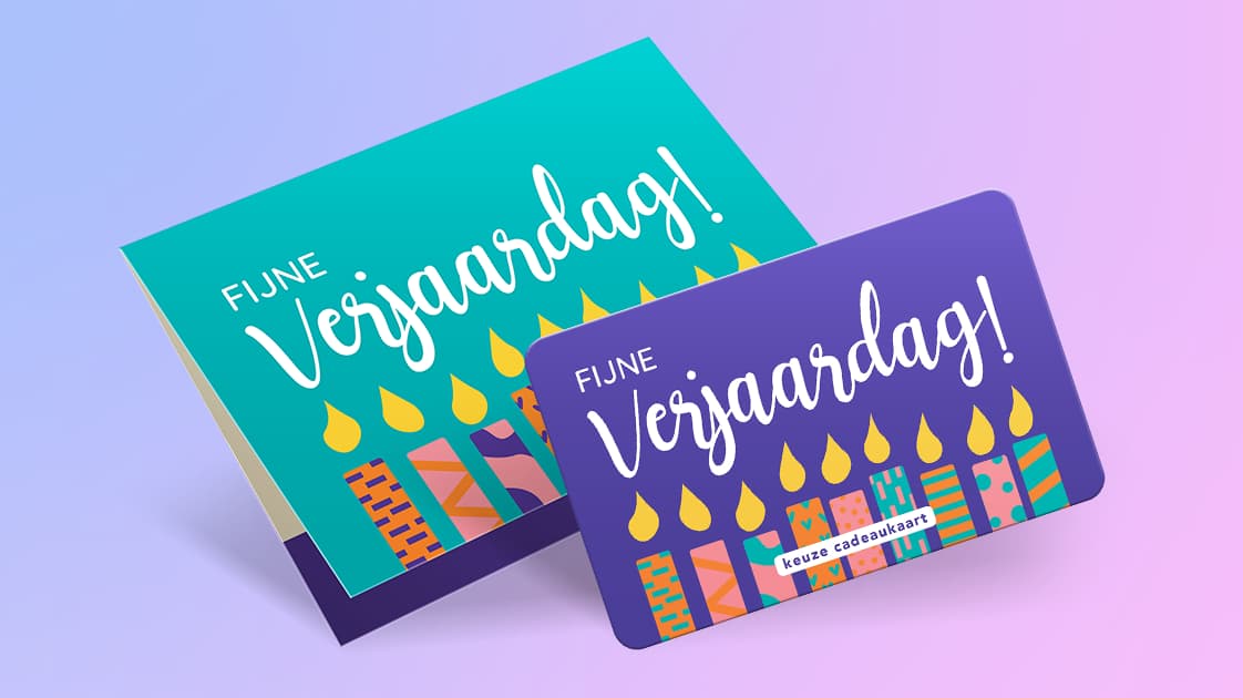 Wenskaart en cadeaukaart met de tekst Fijne Verjaardag, met kaarsjes
