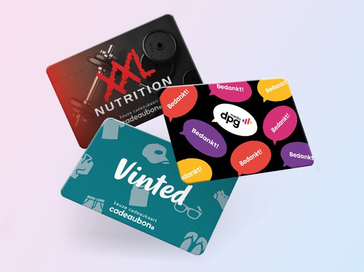 Gepersonaliseerde keuze cadeaukaarten met logo en merkkleuren van XXL Nutrition, DPG Media en Vinted