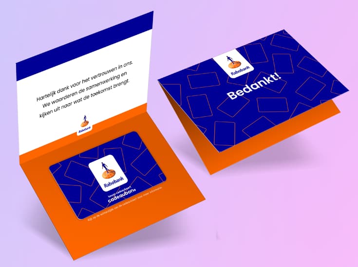 Wenskaart en cadeaukaart in de huisstijl van Rabobank met bedanktekst binnenin