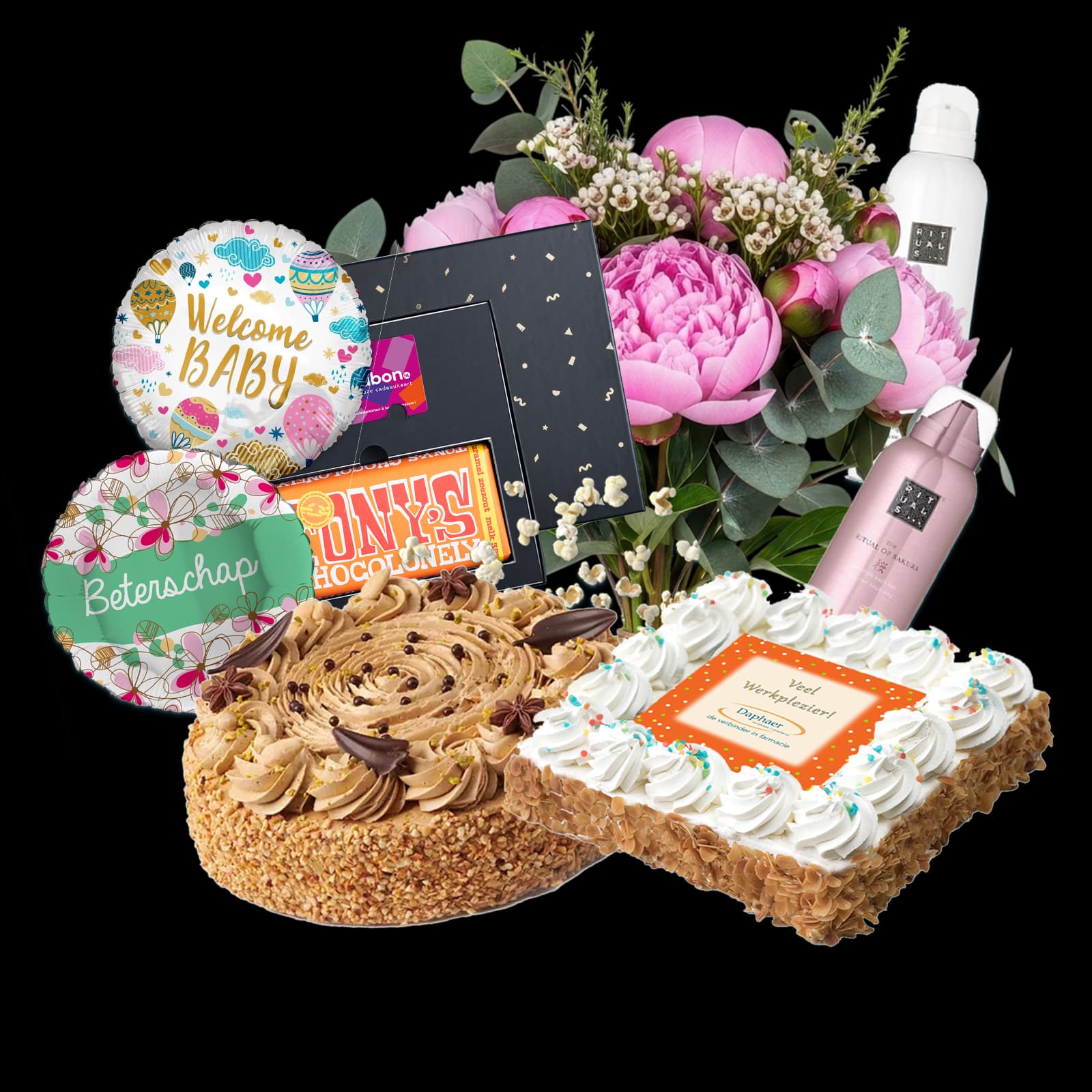 Een verjaardagsballon, een cadeaukaart, een reep van Tony's Chocolonely, een boeket bloemen, verzorgingsproducten en twee taarten