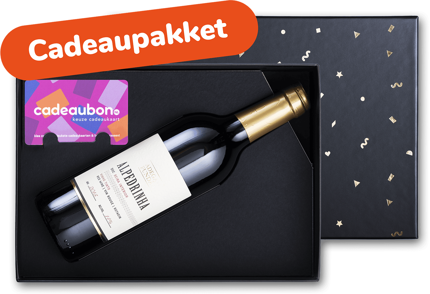 Cadeaupakket met fles rode wijn en keuze cadeaukaart