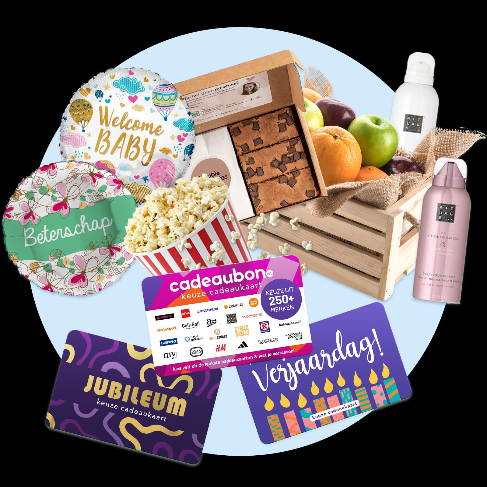 Cadeaukaarten, ballonnen, een fruitmand, brownies en verzorgingsproducten uit het assortiment