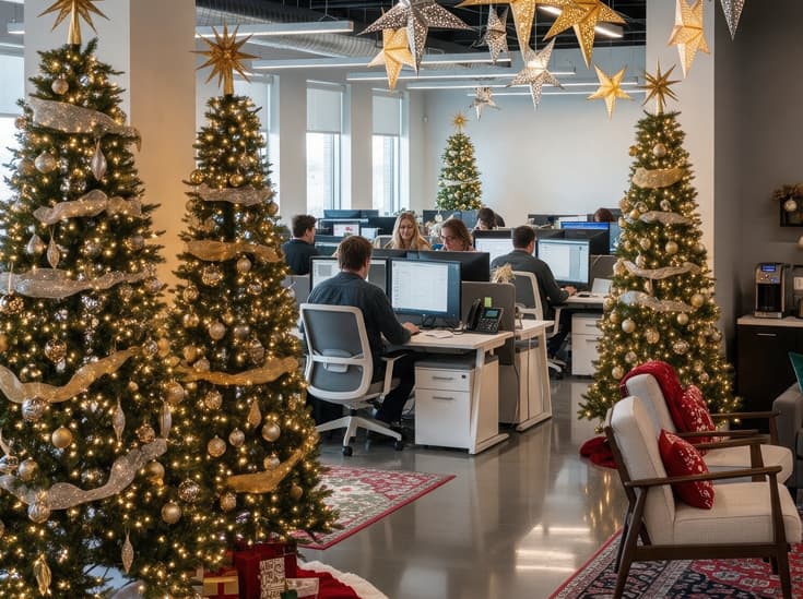 Collega overhandigt een feestelijk verpakte cadeaukaart op kantoor