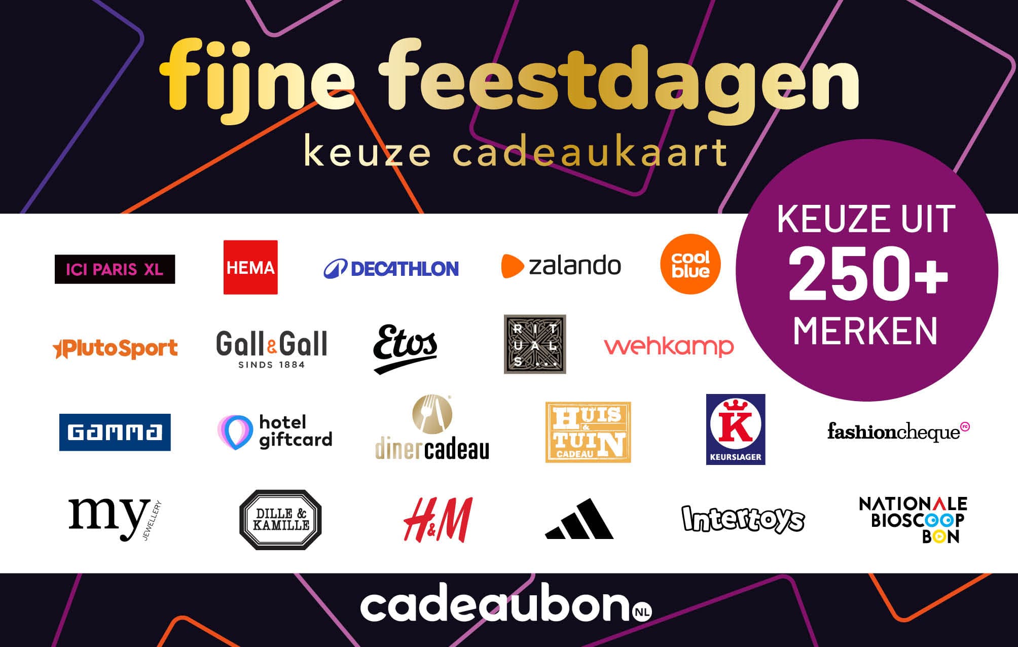Keuze Cadeaukaart met de tekst fijne feestdagen in goud, met keuze uit meer dan 250 merken