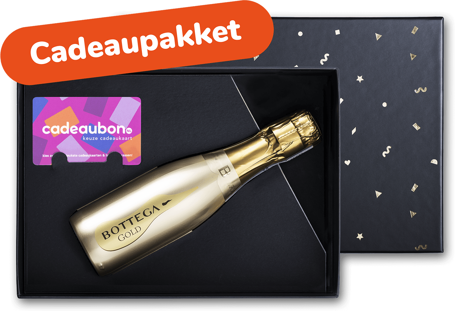 Zwarte geschenkdoos met een fles Bottega Gold prosecco en een Keuze Cadeaukaart