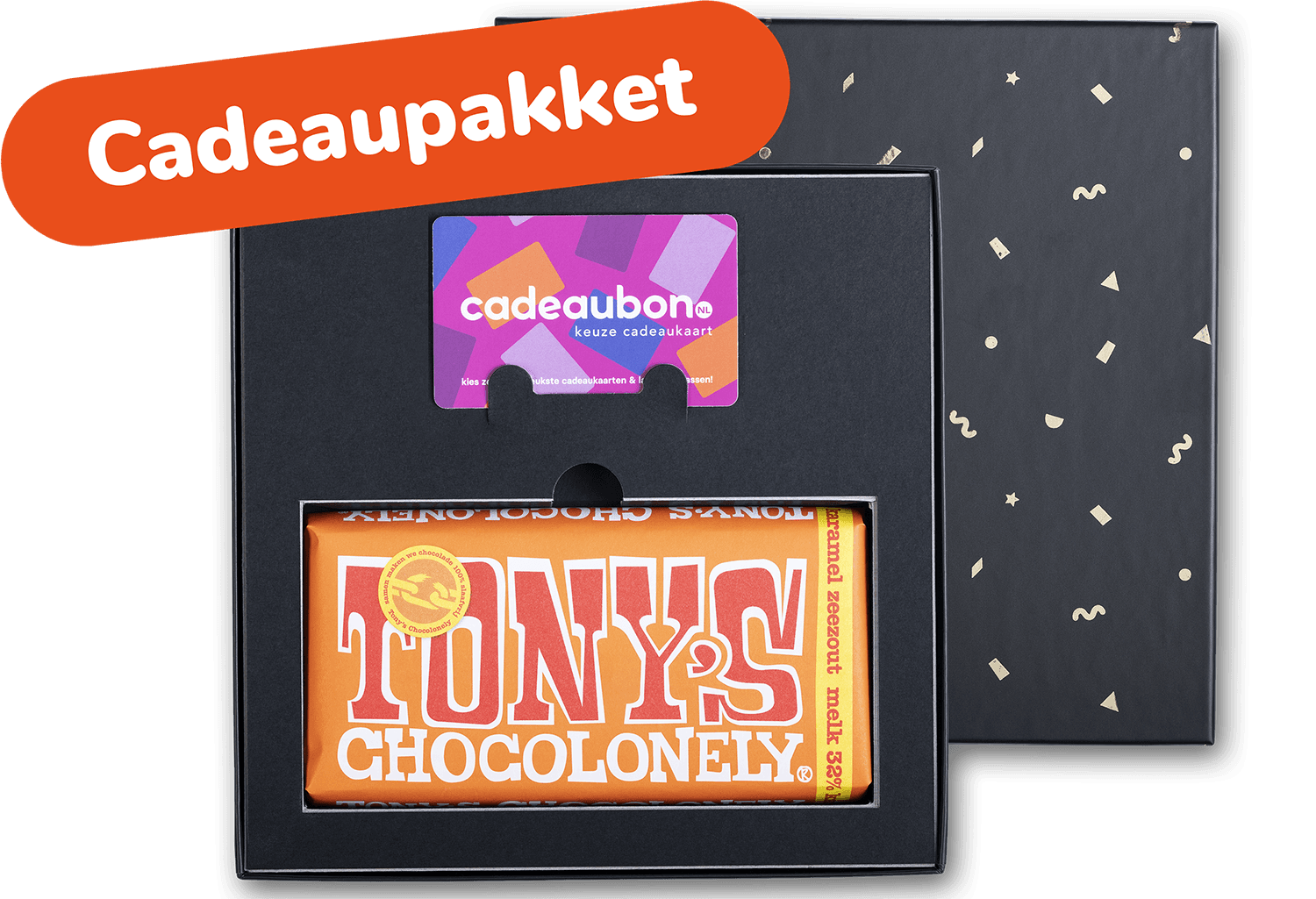 Cadeaupakket met een tablet Tony's Chocolonely melk en een Keuze Cadeaukaart in een zwarte doos